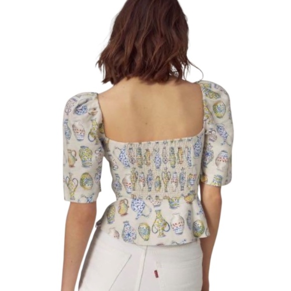 Aritzia Wilfred 100% linen Fatale vase print puff sleeve sweetheart neck top S - Picture 3 of 17